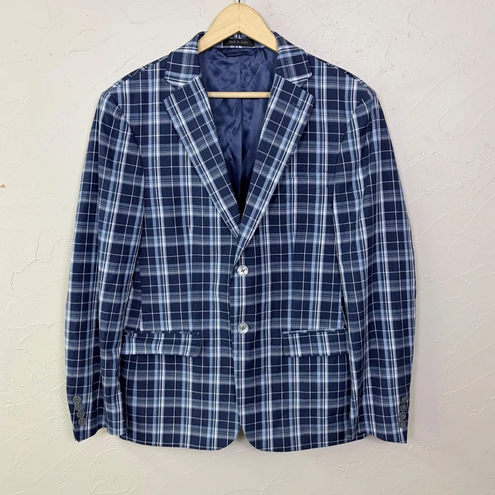 Lauren Ralph Lauren Cotton Blazer Mens 38S Blue Windowpane Plaid Sport Coat